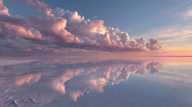 A serene landscape of a salt flat at sunset with vibrant clouds reflected in the water