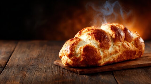 A beautifully golden, crusty loaf of bread rests on a sturdy wooden board, emanating warmth and a tantalizing aroma, inviting all to share in its delightful goodness.