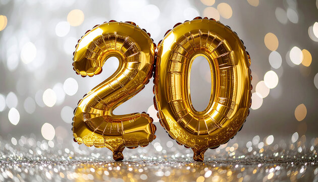 Golden balloon number 20, anniversary celebration banner, floating glossy metallic balloon, blurred silver glitter background, festive party