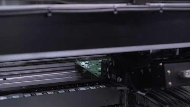Robotic production of printed circuit board. Automated manufacturing of electronic chips. Close-up of a part of the production line in the process of manufacturing microchips.