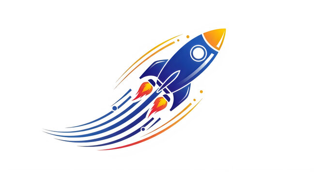 Blue rocket ship with orange flames and smoke trails going up fast transparent background