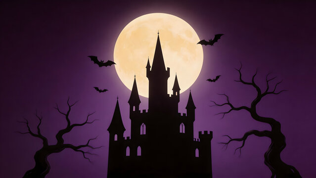 Castle under full moon with bats