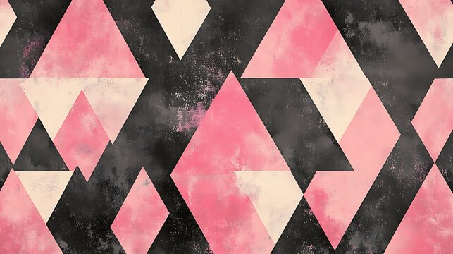 abstract geometric pattern with pink white and black triangles forming a seamless design arrangement