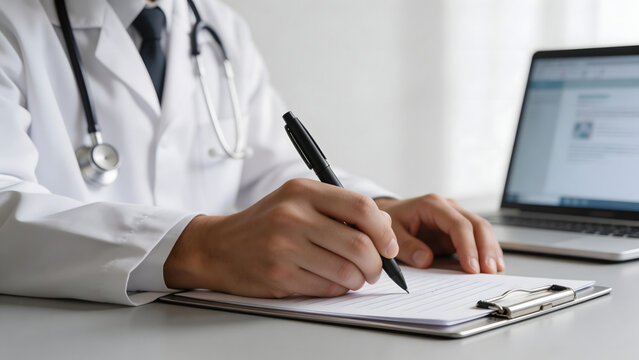 Doctor writing on clipboard with laptop
