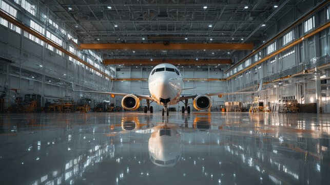 Airplane in Aircraft Hangar with Shine on Floor and Bright Lighting