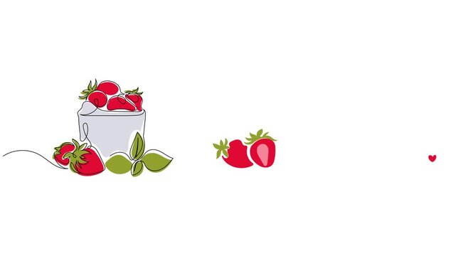 Continuous One Line Drawing Animation of Fresh Strawberries with Minimalist Script Text