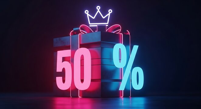 Neon 50 discount offer with a crown sales promotion