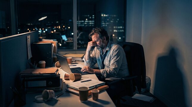 Overworked businessman tiredly working late at his desk in a dimly lit office with a laptop and papers scattered around
