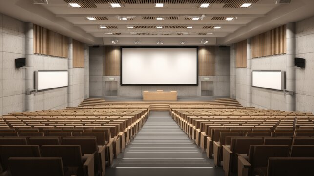 Modern auditorium with empty seats and large projection screen