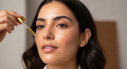 Fototapeta premium Close up of a beautiful woman applying facial serum with a dropper to her cheek for skincare