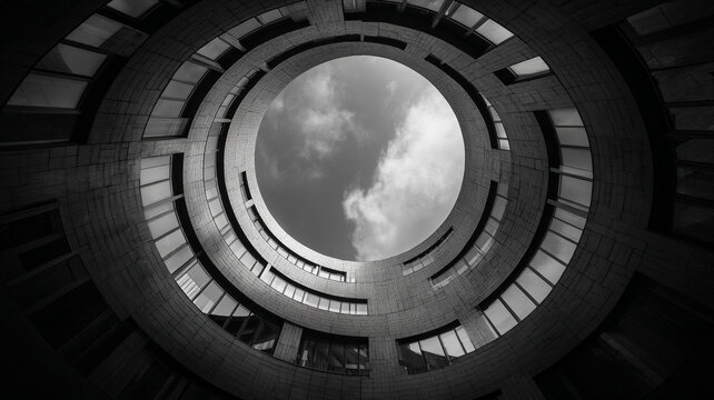 black and white modern architecture with circular geometric structure forming abstract patterns toward the sky