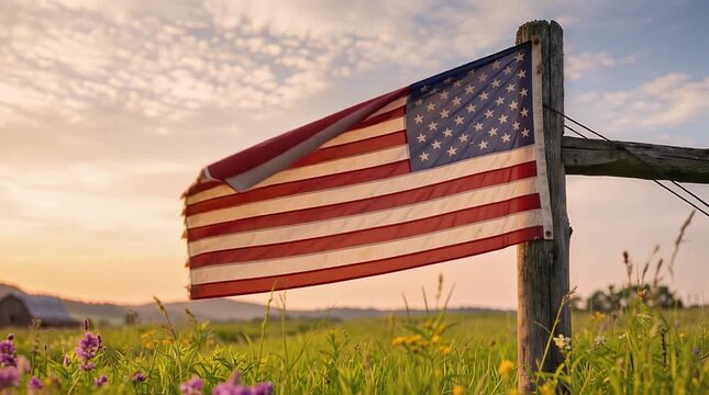 American flag waving on a wooden fence post in a vibrant green field with wildflowers at sunset.