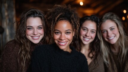 Obraz premium A heartwarming portrait of four friends sharing smiles and joy in a cozy indoor setting, highlighting relationships and the warmth of friendship amidst charming rustic decor.