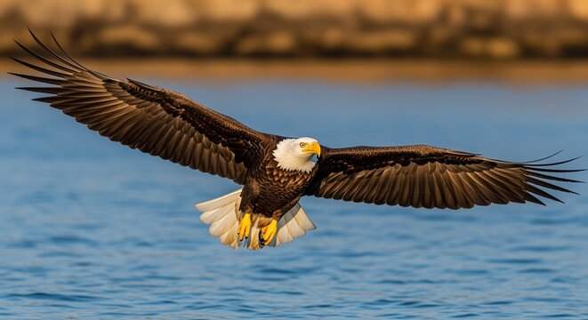A majestic bald eagle soars with wings spread, showcasing its white head and dark brown feathers. The bird flies low over calm blue water, perfect for wildlife documentaries and nature projects.
