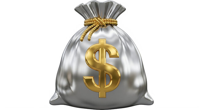 Large silver money bag with gold dollar sign and rope tie transparent background