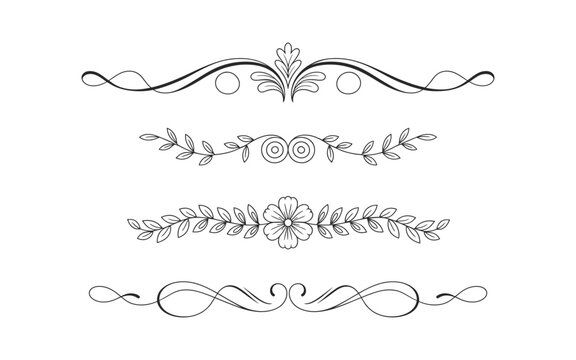 Decorative floral dividers, elegant ornamental elements, vintage text separators, ornate line art flourishes.