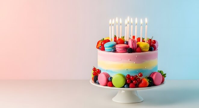 A vibrant multi colored birthday cake adorned with macarons berries and lit candles high quality