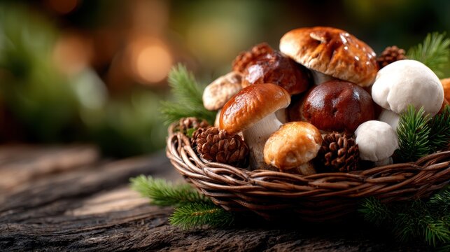 A beautiful arrangement of freshly harvested mushrooms including various types, artfully displayed in a woven basket surrounded by natural elements for a rustic feel.