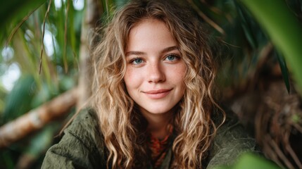 Fototapeta premium A young woman with curly hair smiles gently, surrounded by lush greenery, capturing a serene moment in nature reflecting connection and tranquility.