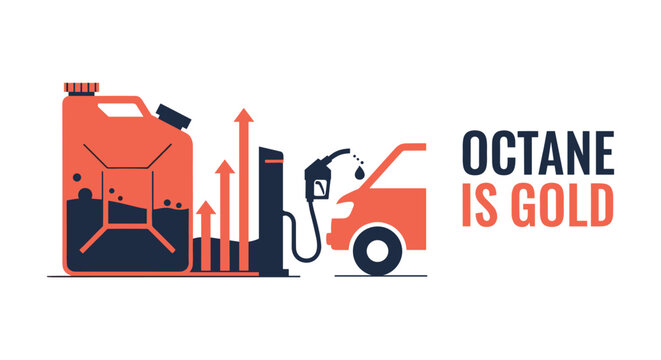 Fuel pump nozzle and gas can with rising arrows in bold orange and dark blue colors on white background for business marketing