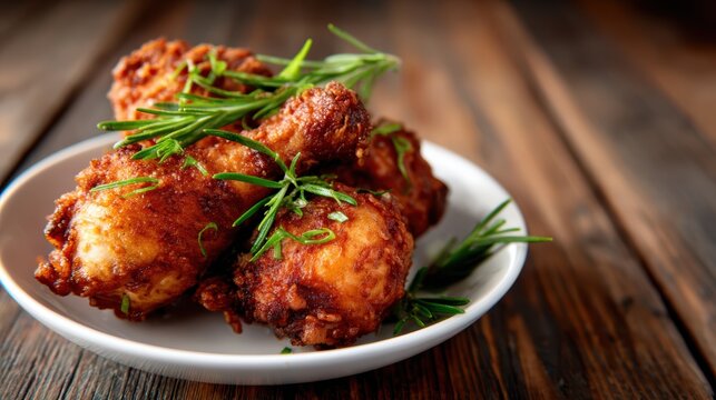 This image showcases a plate of crispy fried chicken drumsticks, garnished with fresh herbs, making it an appetizing choice for any meal or dining occasion.