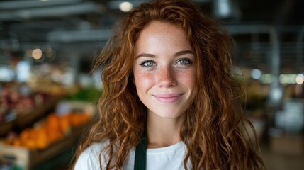 Obraz premium A radiant woman with curly red hair and green eyes beams with joy in a vibrant market filled with fresh produce, reflecting a healthy lifestyle and the joy of community interaction.