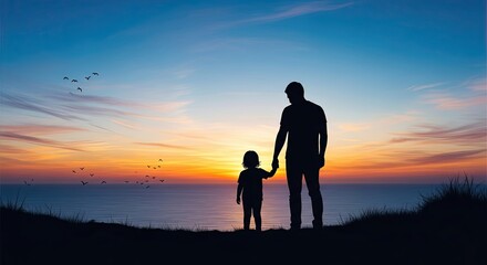 Obraz premium Celebrating fathers day silhouette of father and son at sunset a heartwarming scene
