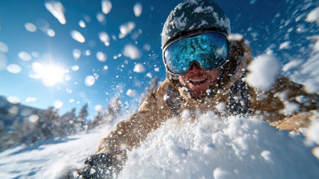 A person enjoys thrilling winter sports while surrounded by majestic snow-covered mountains and bright sunlight, capturing the essence of adventure and joy in the snow.