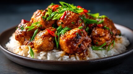 Fototapeta premium A mouth-watering dish featuring succulent meatballs on a bed of fluffy rice, garnished with vibrant herbs and spices, perfect for food lovers and culinary enthusiasts.