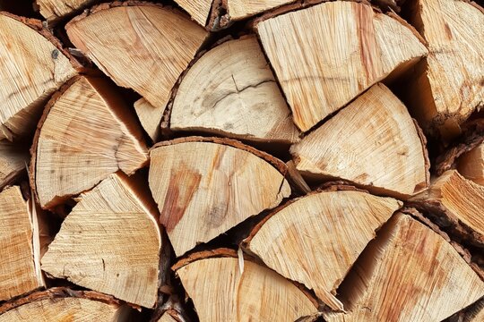 Close-up image of neatly stacked, cut firewood showcasing the texture and grain of the wood pieces.