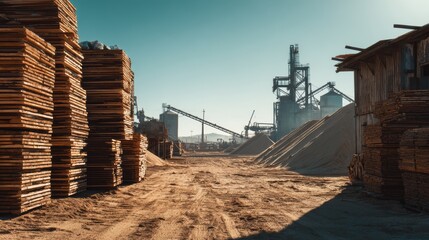 Fototapeta premium Industrial Lumber Yard with Stacked Wood and Machinery in Action