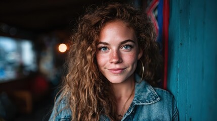 Naklejka premium In this captivating image, a woman with curly hair and freckles gazes thoughtfully at the camera, revealing her beauty and confidence in a relaxed setting.