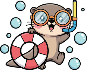 Fototapeta premium Cute otter floats in water with snorkel and life preserver. Ideal for summerthemed designs, childrens illustrations, and wildlife concepts.
