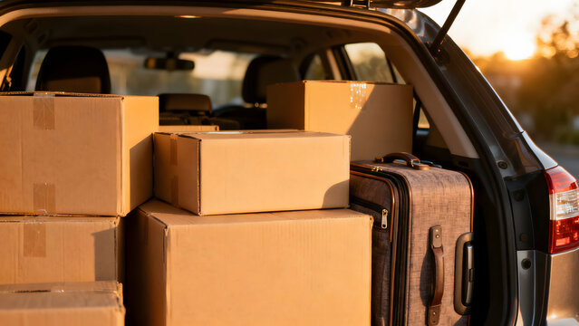 Ready to Move: Packed cardboard boxes and a suitcase sit in an open car trunk, ready for travel, filled with anticipation and the promise of a new destination.