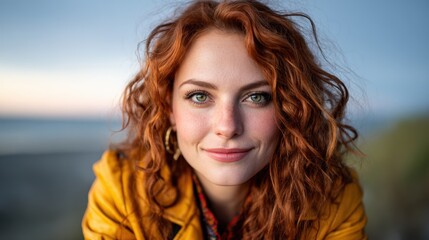 Naklejka premium A young woman with curly hair smiles warmly, embodying confidence and connection with nature, set against a breathtaking scenic backdrop of trees and water.