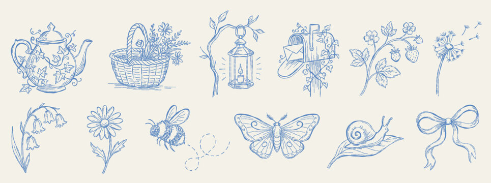 Cozy etched garden line-art icons. Blue cottagecore countryside botany. Delicate spring motifs: bee, flowers.