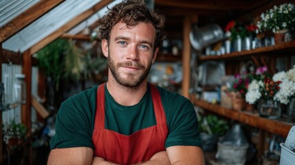 Fototapeta premium A young man stands in a greenhouse, smiling as he tends to plants. This image captures the joy and passion of gardening, showcasing a connection to nature.