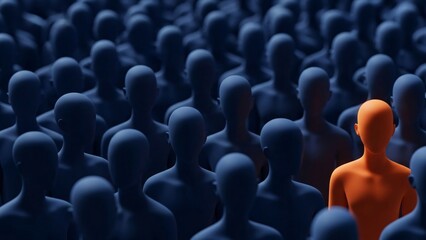 Obraz premium Unique Orange Human Figure Standing Out Among Many Blue Human Figures in a Crowd for Business Leadership and Individuality Concept