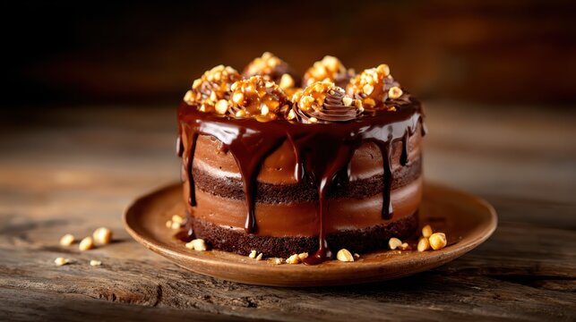 This beautifully crafted chocolate cake features a rich, glossy ganache and topped with crunchy caramel popcorn for a delightful visual and taste experience.
