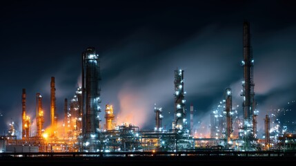 Fototapeta premium Night View of Industrial Facility with Lights and Smoke Emission