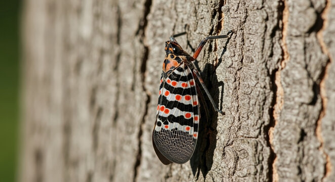 Lanternfly on tree trunk with distinctive red and black markings. Close-up view of lanternfly resting on bark, showcasing its vibrant patterns and details.