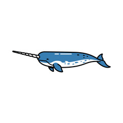 Cartoon blue narwhal with horn. © oxva