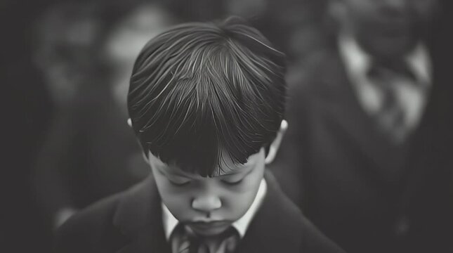 Close-up of a young boy looking down in a black and white photograph