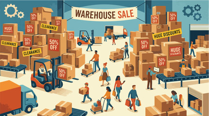 Obraz premium Busy Warehouse Sale Illustration with Shoppers and Discounts Vector Graphic for Retail Promotions and Clearance Events