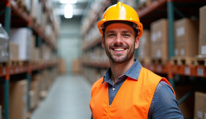 Fototapeta premium Smiling man wearing safety gear in the warehouse.