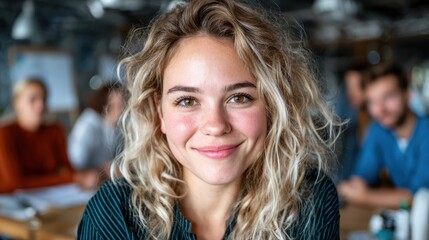 Obraz premium A joyful young woman with curly hair smiles in a vibrant workspace, showcasing a creative and collaborative environment filled with energy and inspiration.
