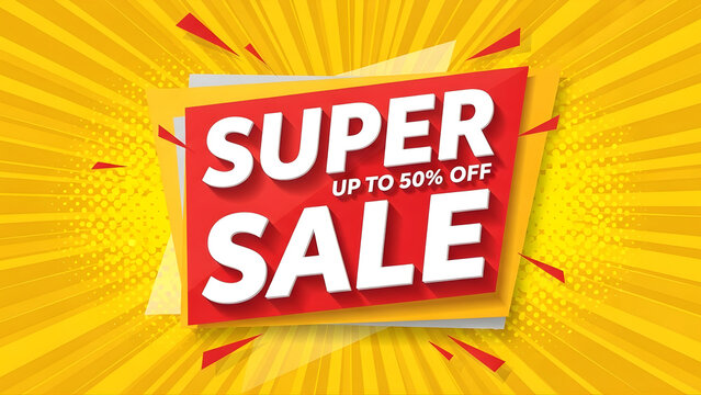 Energetic Super Sale Banner with Yellow Sunburst Background and Red Text Frame for Flash Sales and Action-Oriented Retail Ads