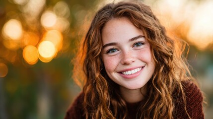 Fototapeta premium A joyful girl with curly hair and freckles smiles beautifully, bathed in a warm golden sunset, capturing the essence of happiness and youth in a natural setting.