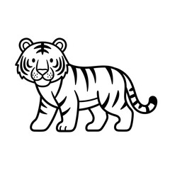 Fototapeta premium Cute cartoon tiger illustration in black and white outline, standing and looking forward, perfect for coloring books or simple animal designs.