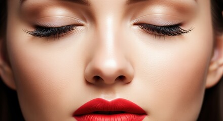 Naklejka premium Close-up of a woman's face with eyes closed and bold red lips, featuring well-defined black eyelashes and clear skin. Perfect for beauty, cosmetics, and makeup advertising campaigns.